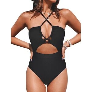 Womens Black Cutout Halter Monokini One Piece Swimsuit High Waist Ruched Bust
